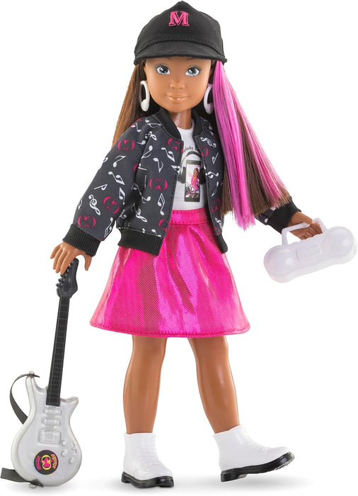 Corolle Girls Melody Musikstudio Set, Ankleidepuppe mit Pinker Strähne im Rockstaroutfit, 4-TLG. Zubehör, Vanilleduft, 28cm, ab 4 Jahre