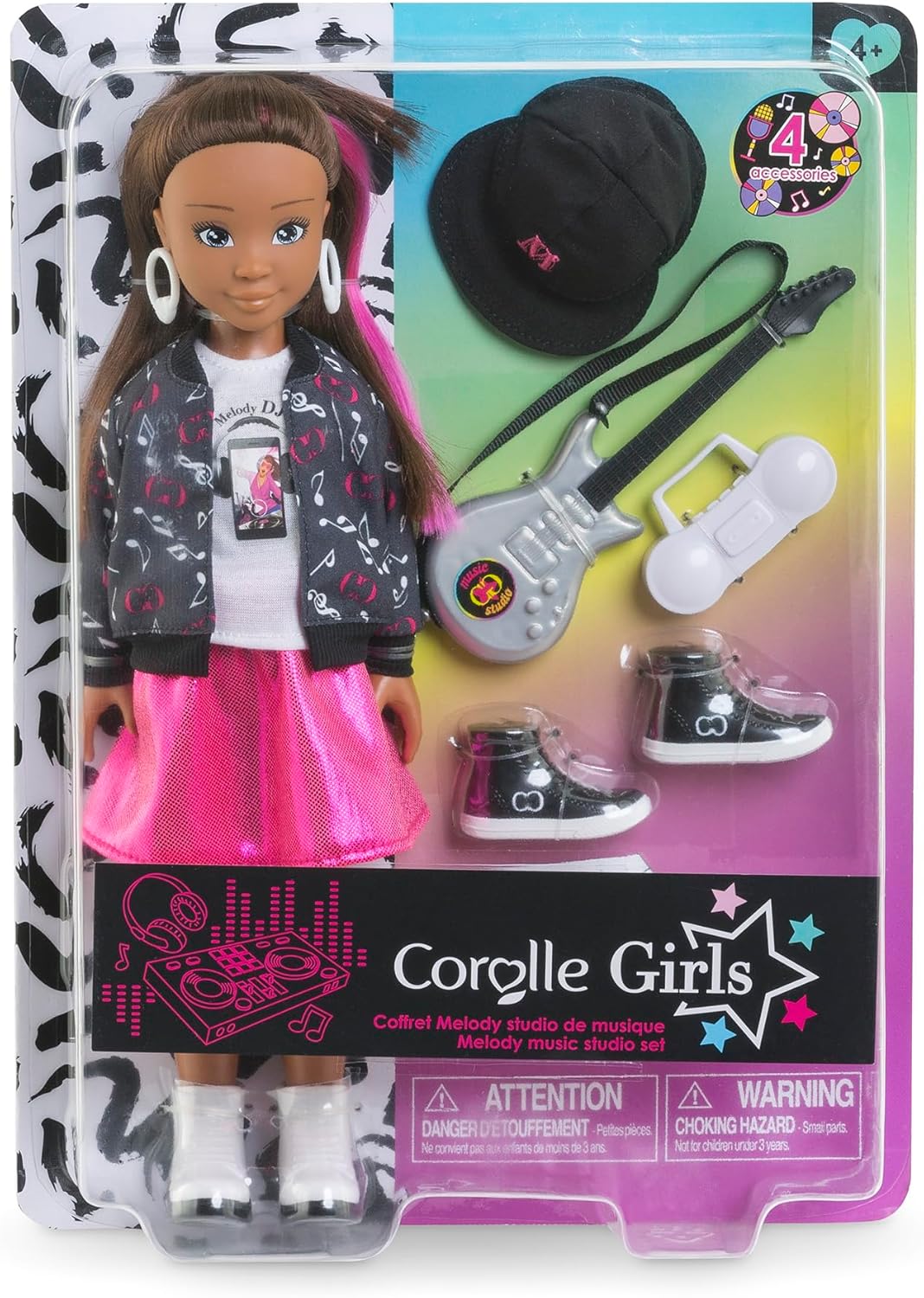 Corolle Girls Melody Musikstudio Set, Ankleidepuppe mit Pinker Strähne im Rockstaroutfit, 4-TLG. Zubehör, Vanilleduft, 28cm, ab 4 Jahre