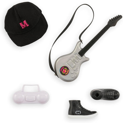Corolle Girls Melody Musikstudio Set, Ankleidepuppe mit Pinker Strähne im Rockstaroutfit, 4-TLG. Zubehör, Vanilleduft, 28cm, ab 4 Jahre
