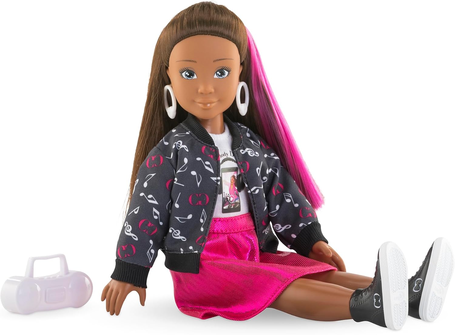 Corolle Girls Melody Musikstudio Set, Ankleidepuppe mit Pinker Strähne im Rockstaroutfit, 4-TLG. Zubehör, Vanilleduft, 28cm, ab 4 Jahre