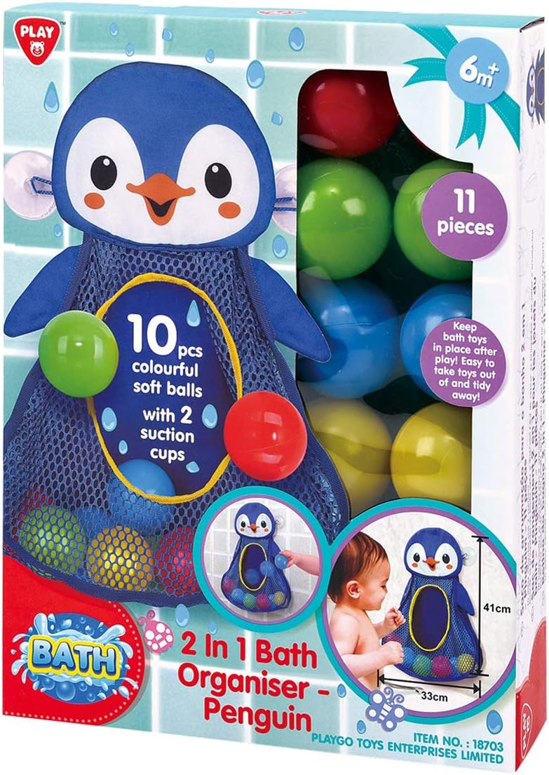 PlayGo Bath Toy Organizer Penguin | Four Suction Cups for Hanging | Bathtub Toys Holder | Bathroom Baby Toy Storage Quick Dry Bathtub Mesh Net | 2 in 1| 10 Pieces Colorful Soft Balls, 18703