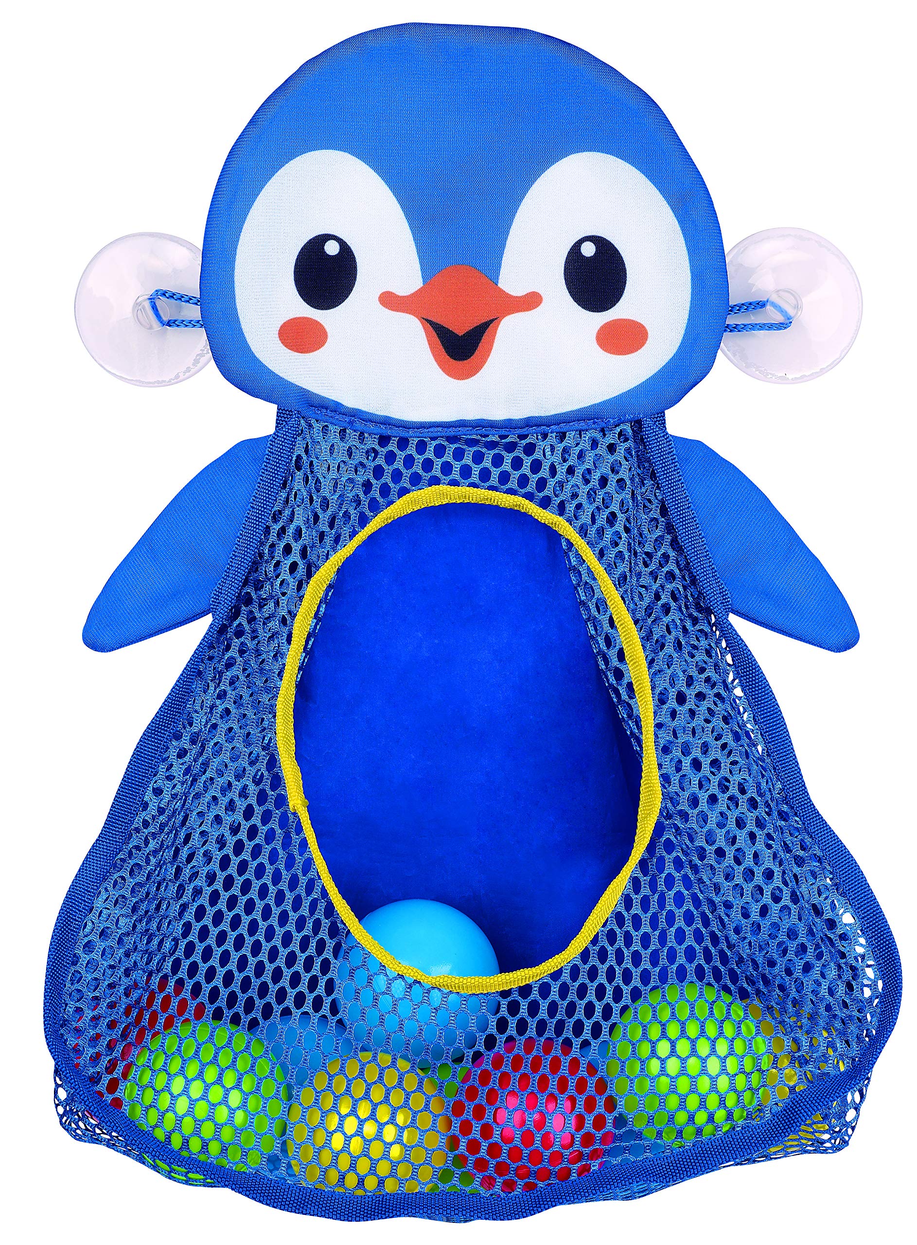 PlayGo Bath Toy Organizer Penguin | Four Suction Cups for Hanging | Bathtub Toys Holder | Bathroom Baby Toy Storage Quick Dry Bathtub Mesh Net | 2 in 1| 10 Pieces Colorful Soft Balls, 18703