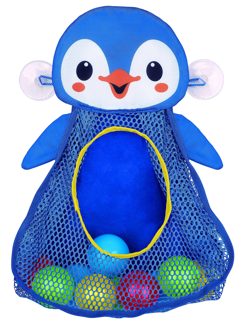 PlayGo Bath Toy Organizer Penguin | Four Suction Cups for Hanging | Bathtub Toys Holder | Bathroom Baby Toy Storage Quick Dry Bathtub Mesh Net | 2 in 1| 10 Pieces Colorful Soft Balls, 18703