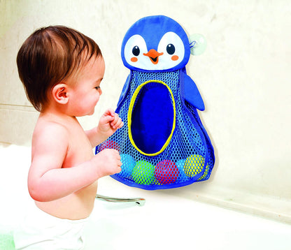 PlayGo Bath Toy Organizer Penguin | Four Suction Cups for Hanging | Bathtub Toys Holder | Bathroom Baby Toy Storage Quick Dry Bathtub Mesh Net | 2 in 1| 10 Pieces Colorful Soft Balls, 18703