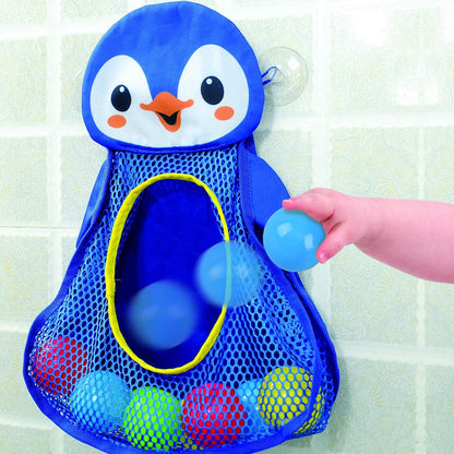 PlayGo Bath Toy Organizer Penguin | Four Suction Cups for Hanging | Bathtub Toys Holder | Bathroom Baby Toy Storage Quick Dry Bathtub Mesh Net | 2 in 1| 10 Pieces Colorful Soft Balls, 18703