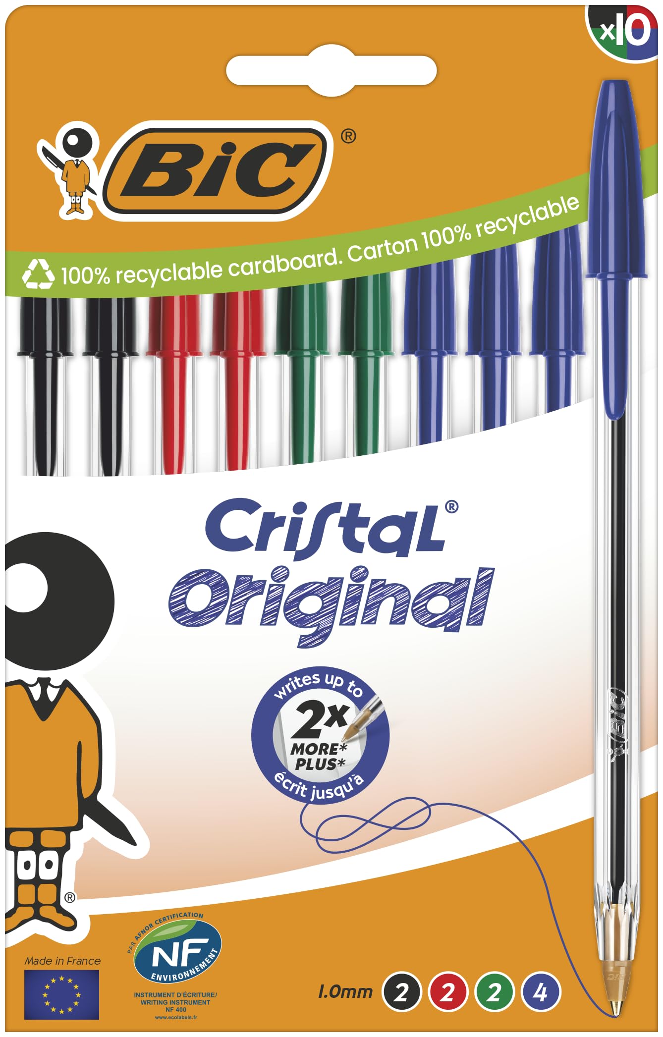 BIC Cristal Original Ballpoint Pens Medium Tip (1 mm) - Assorted Ink Colours - Box of 10