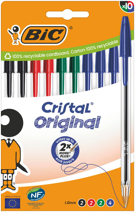 BIC Cristal Original Ballpoint Pens Medium Tip (1 mm) - Assorted Ink Colours - Box of 10