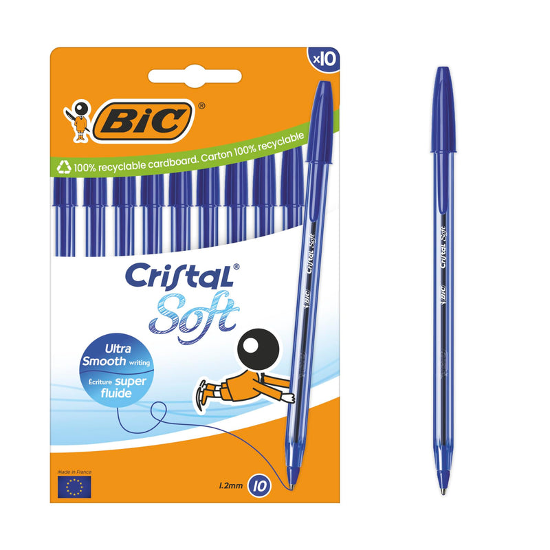 BIC Cristal Soft Kugelschreiber mit mittlerer Spitze (1,2 mm) und Softline Tinte – Blau, Kartonschachtel à 10