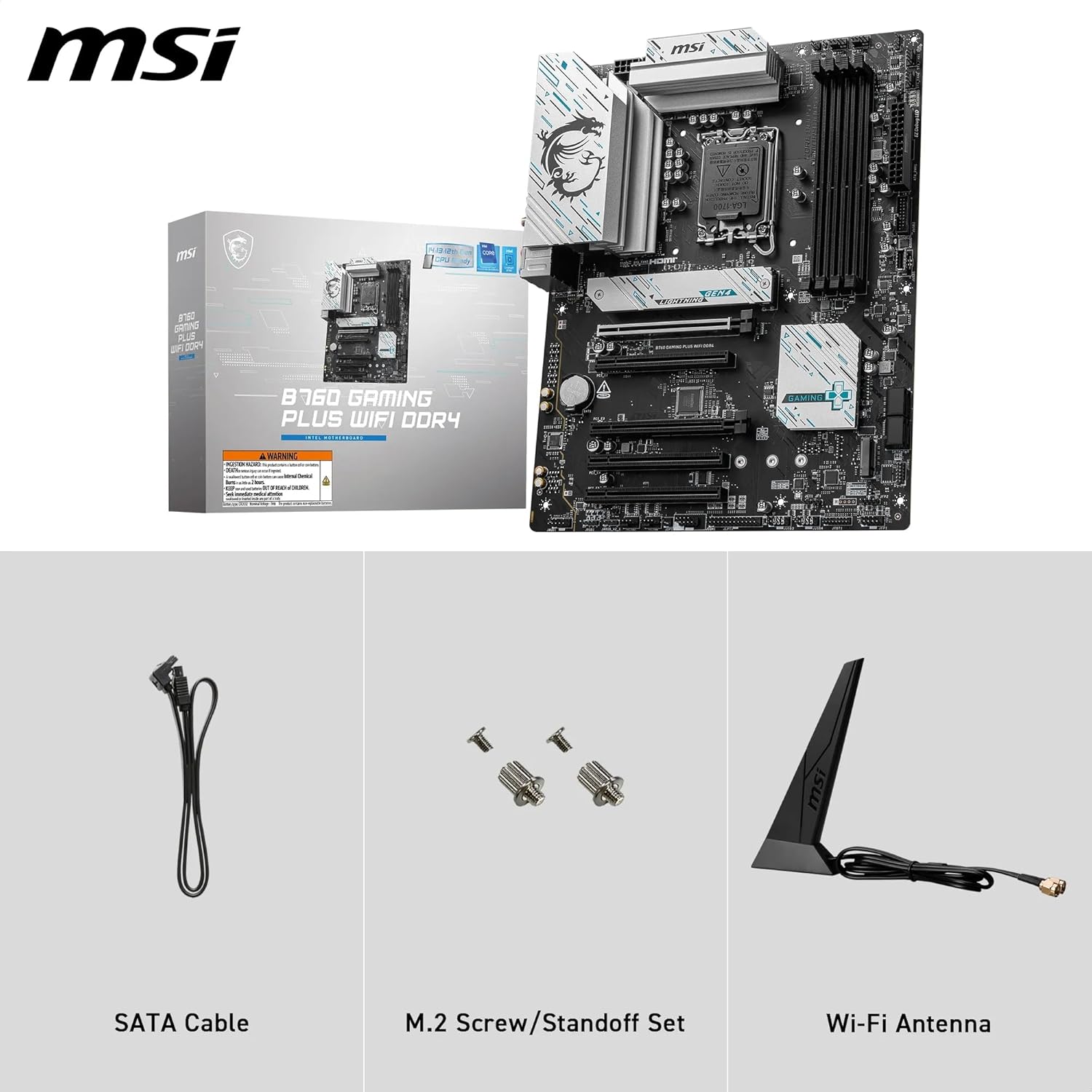 MSI B760 GAMING PLUS WIFI DDR4 Motherboard, ATX - Supports Intel 14th, 13th & 12th Gen Core Processors, LGA 1700 - DDR4 Memory Boost 5333+MHz/OC, 1x PCIe 4.0 x16, 2 x M.2 Gen4, 2.5G LAN, Wi-Fi 6E