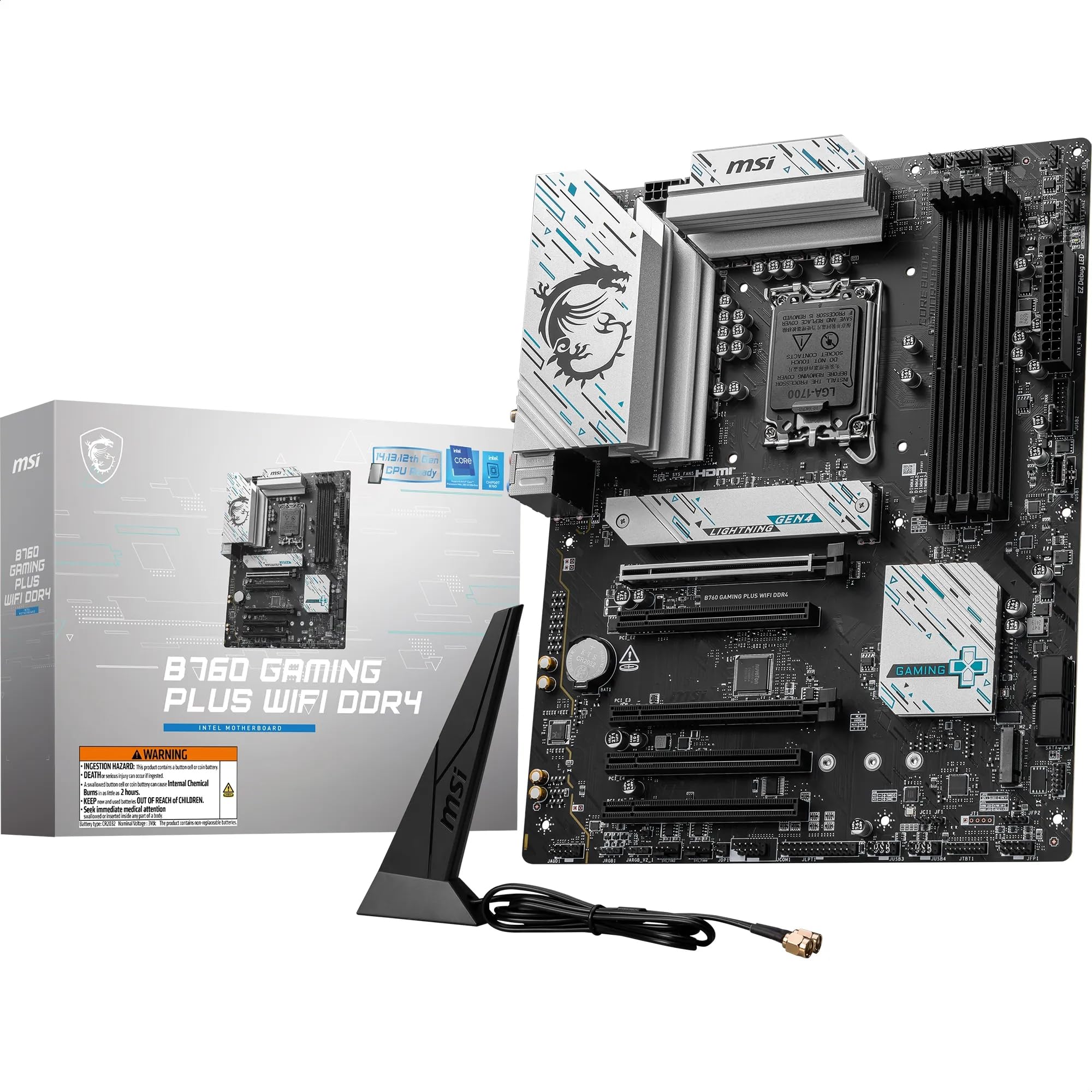 MSI B760 GAMING PLUS WIFI DDR4 Motherboard, ATX - Supports Intel 14th, 13th & 12th Gen Core Processors, LGA 1700 - DDR4 Memory Boost 5333+MHz/OC, 1x PCIe 4.0 x16, 2 x M.2 Gen4, 2.5G LAN, Wi-Fi 6E