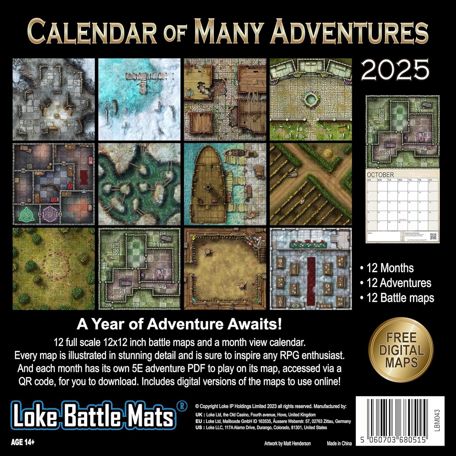 Loke Battlemats | Calendar Of Many Adventures 2025 | Wall Calendar