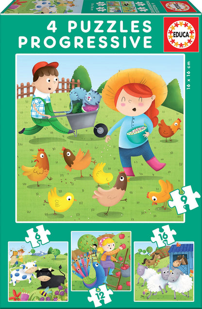 Educa 17145, Bauernhof, 4-in-1 Puzzleset für Kinder ab 3 Jahren, Farm