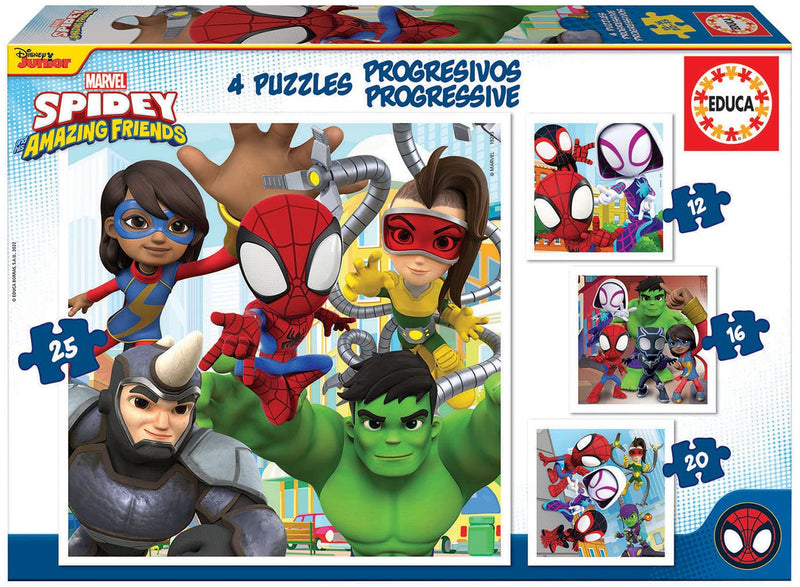 Educa - Progresivos Spidey and His Amazing Friends 12-16-20-25 4 Puzzles progresivos de cartón con 12-16-20-25 Piezas Medida aproximada de Cada Puzzle 16 x 16 cm A Partir de 3 años (19295