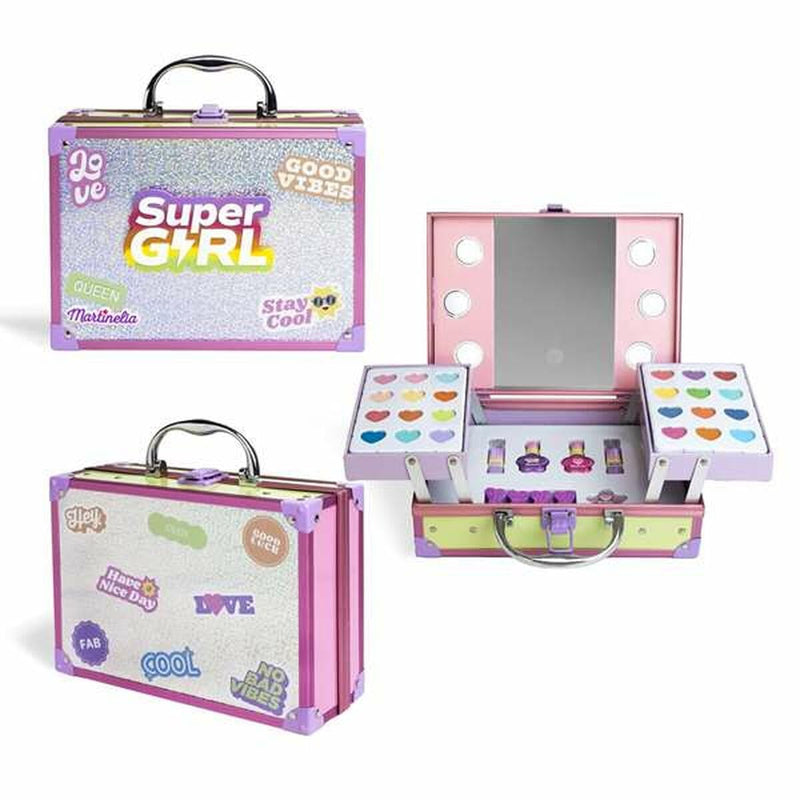Martinelia, Set de Maquillaje con espejo LED Supergirl. 25 x 19 x 9 cm. Contiene sombra de ojos, esmalte de uñas, brillo de labios y separador de dedos.