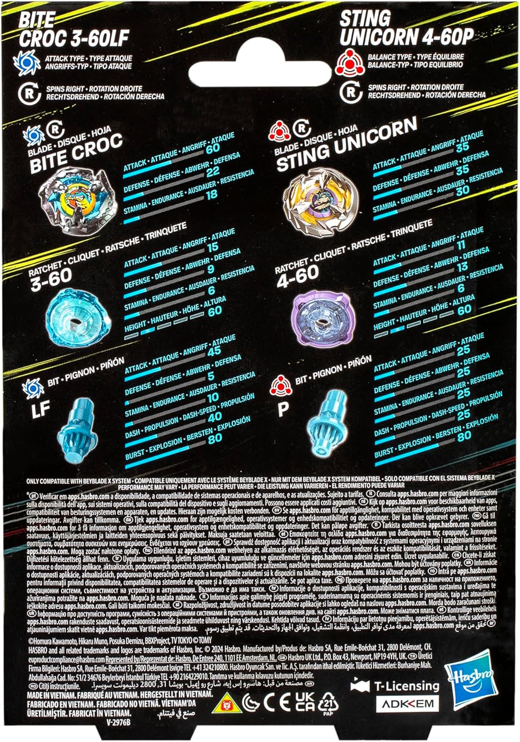 Beyblade X Bite Croc 3-60LF and Sting Unicorn 4-60P Top Dual Pack Set