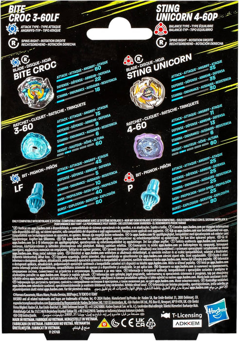 Beyblade X Bite Croc 3-60LF and Sting Unicorn 4-60P Top Dual Pack Set