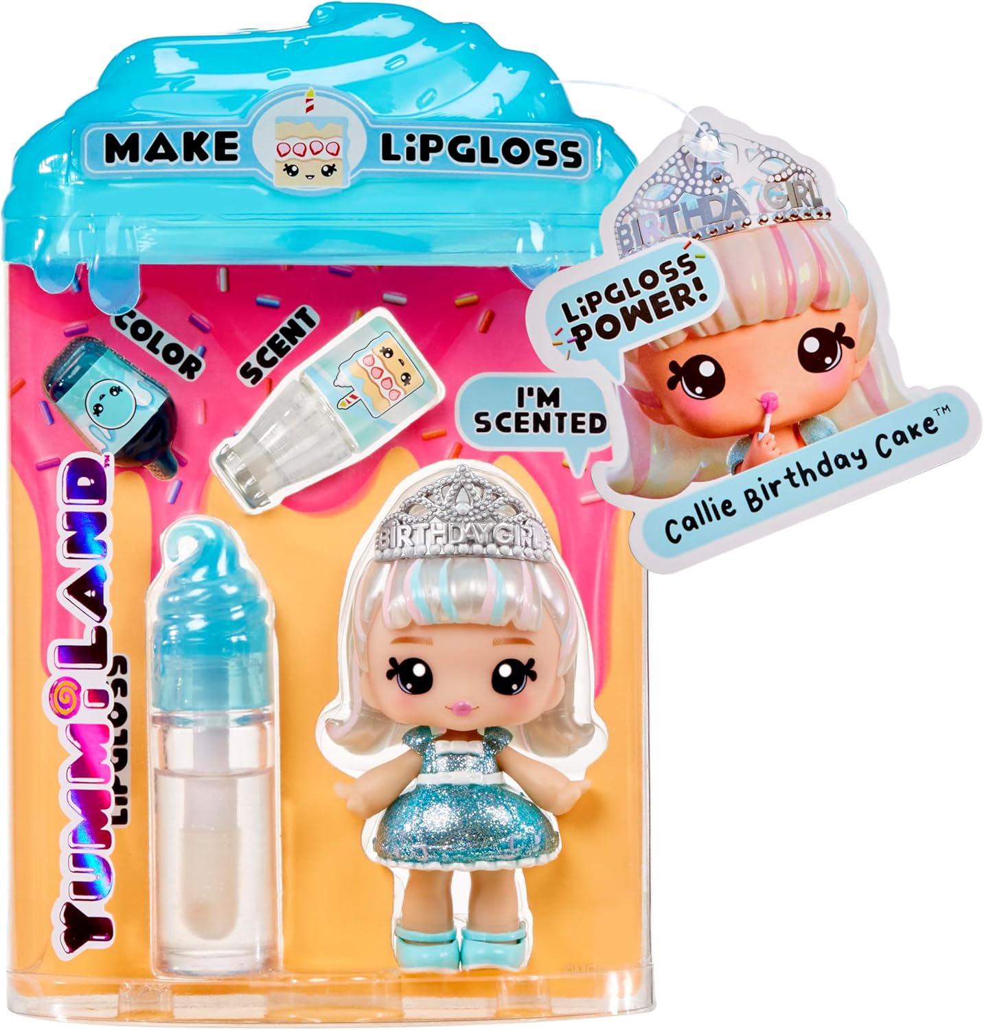 YUMMILAND Lipgloss Doll - Callie Birthday Cake - Muñeca Perfumada con Kit de Brillo de Labios DIY - Adecuado para Niñas y Niños Mayores de 4 Años