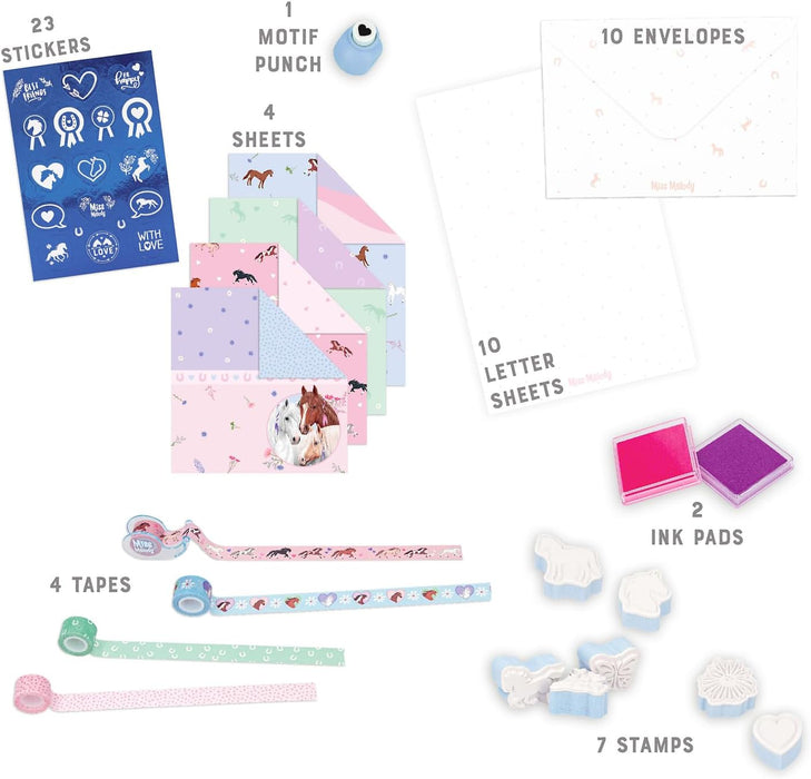 Depesche 12969 Miss Melody Love Letter Set Handletters in paardenontwerp, schrijfset inclusief schrijfpapier, enveloppen, stickers, stempel en nog veel meer, meerkleurig