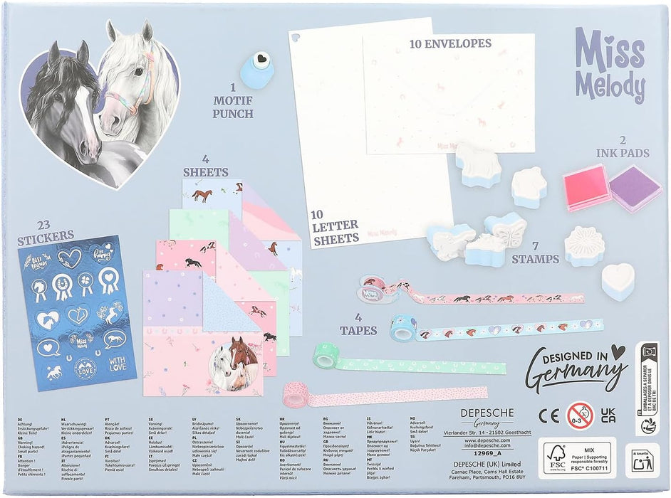 Depesche 12969 Miss Melody Love Letter Set Handletters in paardenontwerp, schrijfset inclusief schrijfpapier, enveloppen, stickers, stempel en nog veel meer, meerkleurig