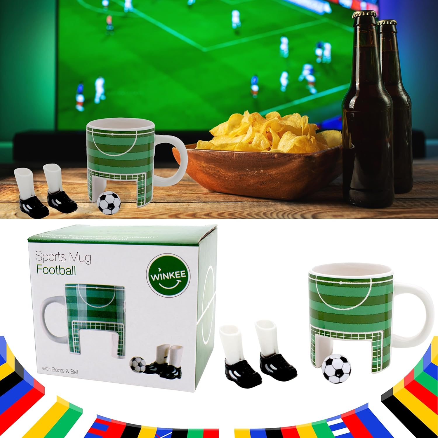 Winkee - Voetbalmok, de sportieve koffiepot voor voetbalfans, theebeker met speelfunctie, ligaspel bij het koffiezuigen