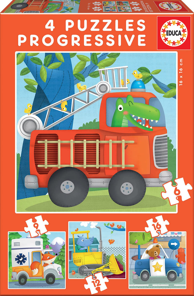 Educa 17144, voertuigen, 4-in-1 puzzelset voor kinderen vanaf 3 jaar