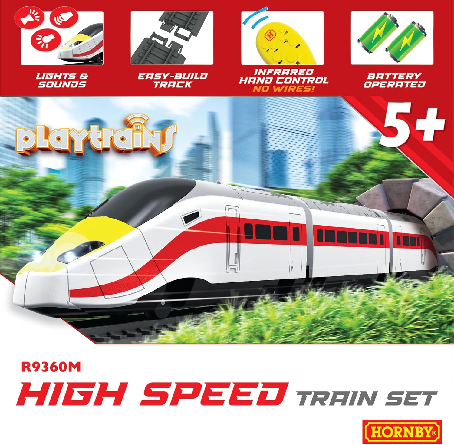 Hornby Playtrains R9360M Playtrains High Speed Train Set Remote Controlled Battery Train Set - Kids Toy Train Sets for Ages 5+, Childrens Mini Model Trains, Includes: Playtrain, Oval Track, Control