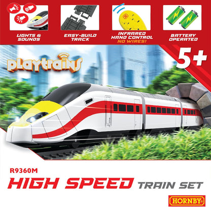 Hornby Playtrains R9360M Playtrains High Speed Train Set Remote Controlled Battery Train Set - Kids Toy Train Sets for Ages 5+, Childrens Mini Model Trains, Includes: Playtrain, Oval Track, Control