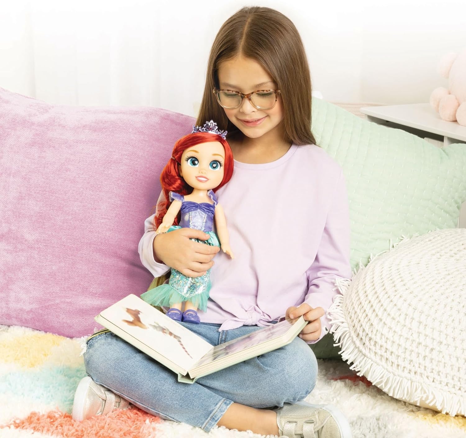 Disney Princess Ariel Doll, 14” / 35cm Tall Doll with Royal Reflection Eyes Includes Shimmery Platinum Holofoil Printed Removable Dress, Shoes, Tiara and Brush, Perfect for Girls Ages 3+