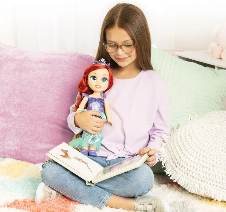 Disney Princess Ariel Doll, 14” / 35cm Tall Doll with Royal Reflection Eyes Includes Shimmery Platinum Holofoil Printed Removable Dress, Shoes, Tiara and Brush, Perfect for Girls Ages 3+