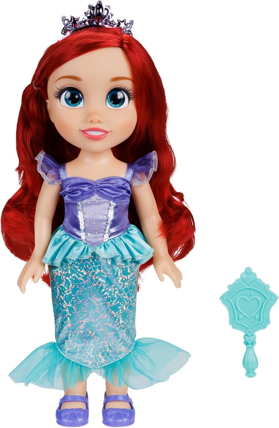 Disney Princess Ariel Doll, 14” / 35cm Tall Doll with Royal Reflection Eyes Includes Shimmery Platinum Holofoil Printed Removable Dress, Shoes, Tiara and Brush, Perfect for Girls Ages 3+