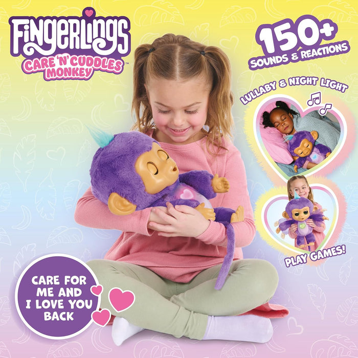 Fingerlings Care ‘n’ Cuddles Interactive Baby Monkey, Sunny (Purple), Toys for 3 Year Olds, 150+ Sounds and Reactions, Heart Lights Up