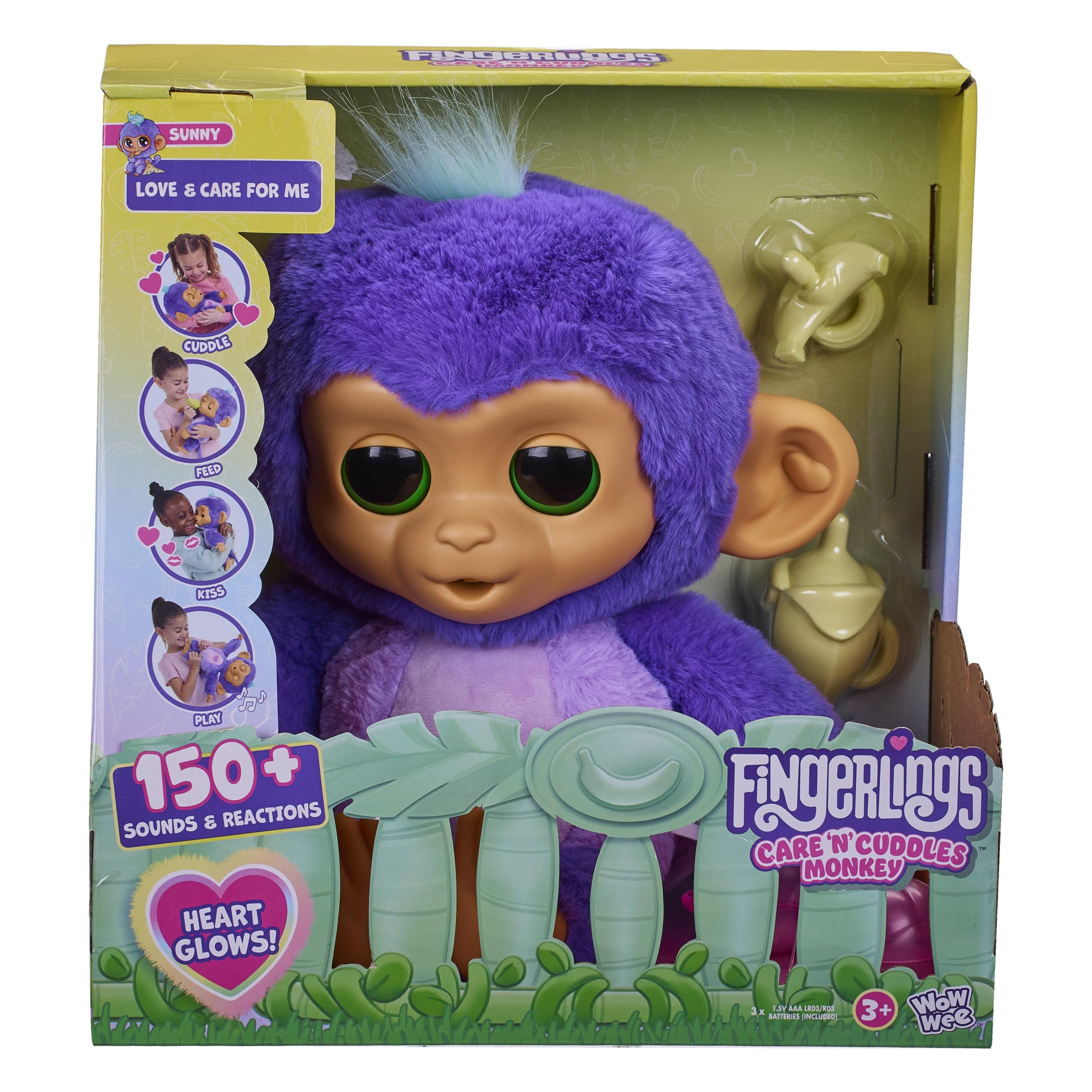 Fingerlings Care ‘n’ Cuddles Interactive Baby Monkey, Sunny (Purple), Toys for 3 Year Olds, 150+ Sounds and Reactions, Heart Lights Up