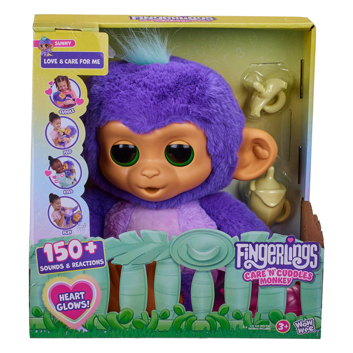 Fingerlings Care ‘n’ Cuddles Interactive Baby Monkey, Sunny (Purple), Toys for 3 Year Olds, 150+ Sounds and Reactions, Heart Lights Up