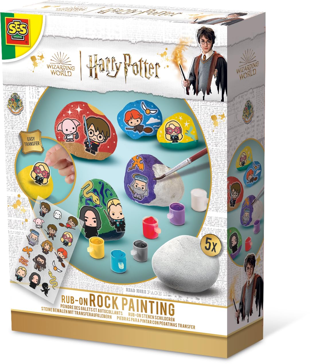 SES Creative 09341 Harry Potter Steine Zum Bemalen - Steine Bemalen inklusive 5 flachen Steinen, 6 Farben, Pinsel und Harry Potter Figuren Aufkleber