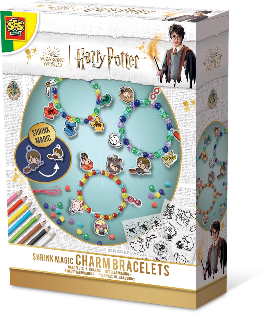 SES Creative 09343 Harry Potter Shrink Foil Magic Charm Bracelets Kit for Kids Coloured Beads Mix and Harry Potter Figure Shrink Foil + Pencils