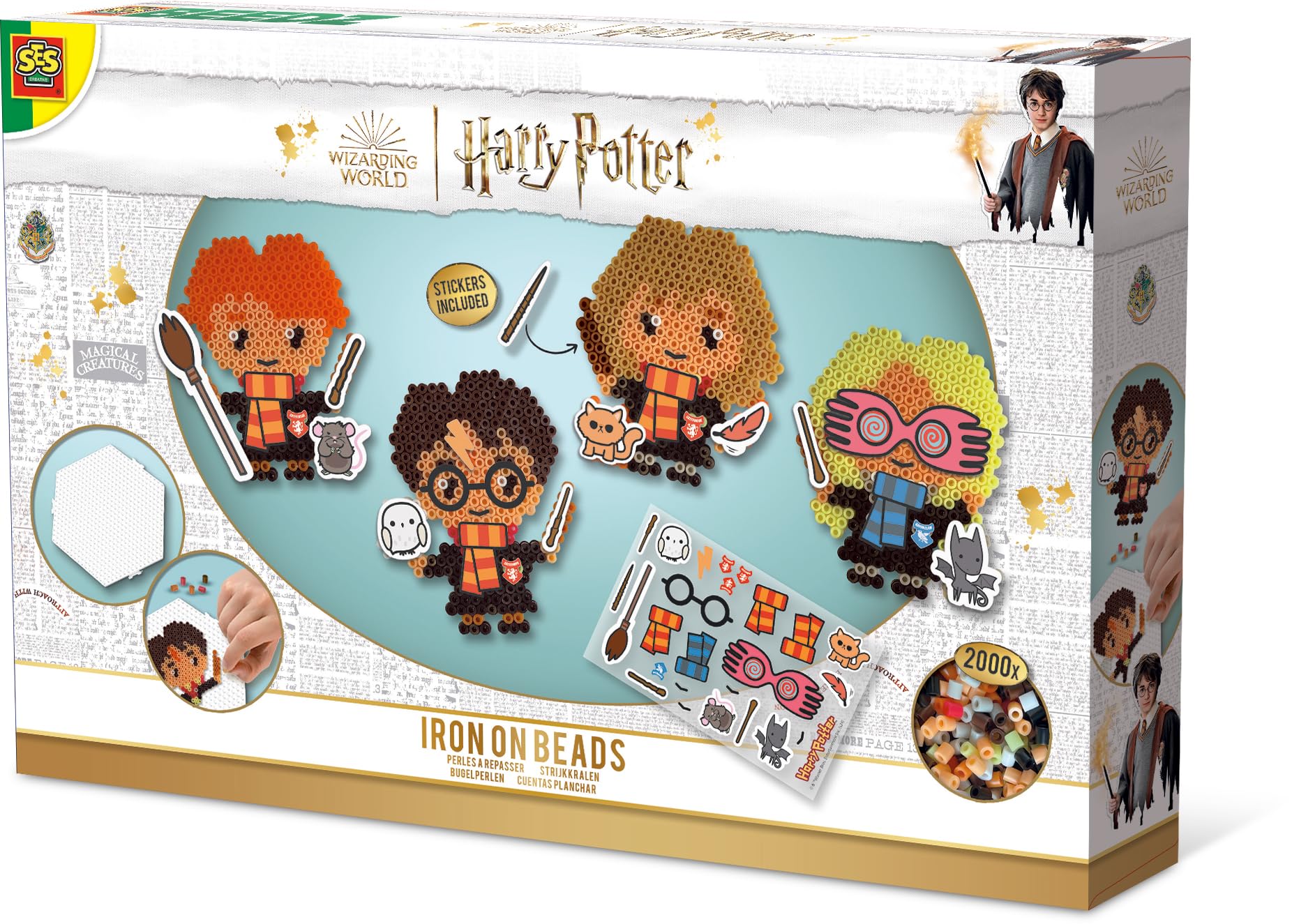 SES Creative 9345 Harry Potter Characters Iron Kids with 2000 PVC Free Fusible Arts and Craft Kit with Beads, Pegboard and Stickers, Multi