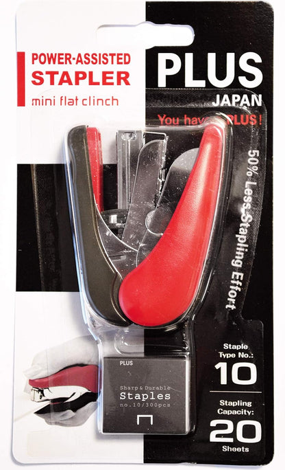 PLUS Japan, Flat Clinch Power Assist Stapler Mini in Red, 1 Piece Pack (1x 1 Flat Clinch