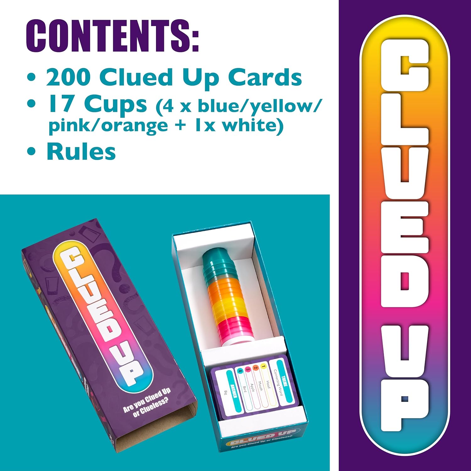 TOMY Games Clued Up | Cup Slamming, Clue Guessing Card Games | Fast Paced 3-4 Player Party Games | Family Games for Adults and Kids Ages 10+ Years