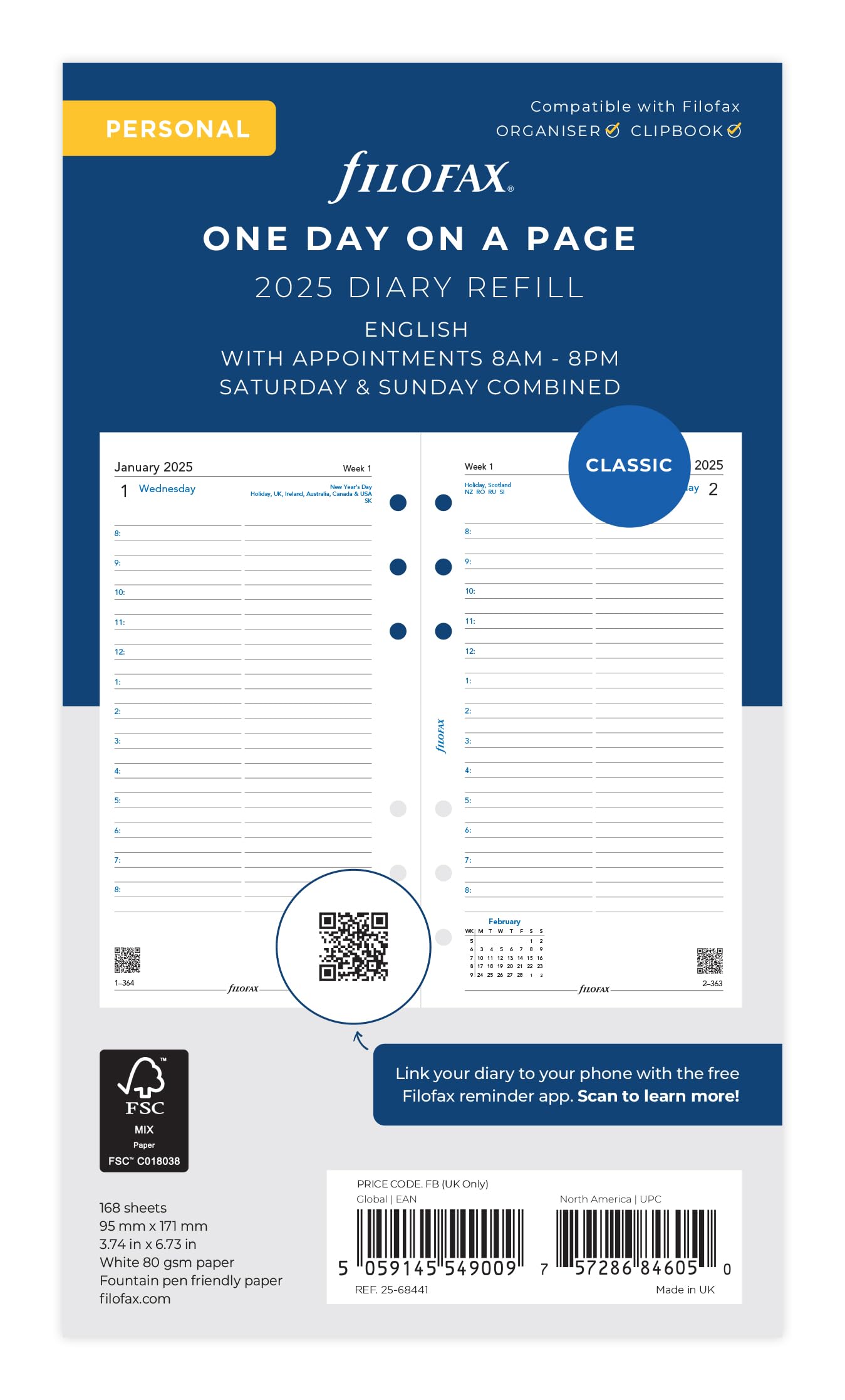 Personal Day per page English appointments 2025 Day per page White English