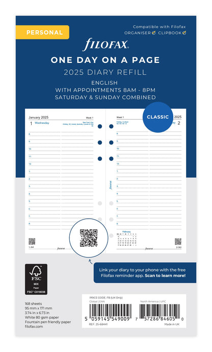 Personal Day per page English appointments 2025 Day per page White English