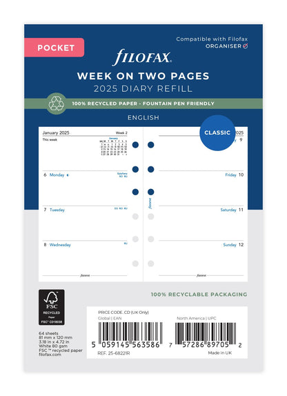Pocket Week on two pages English recycled paper 2025 Week on two pages White (recycled paper) English