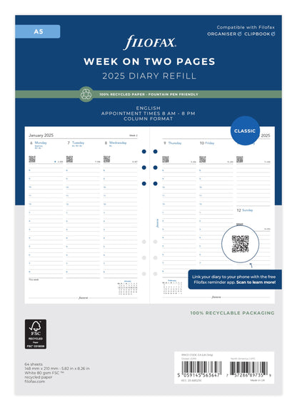 A5 Week on two pages English column format recycled paper 2025