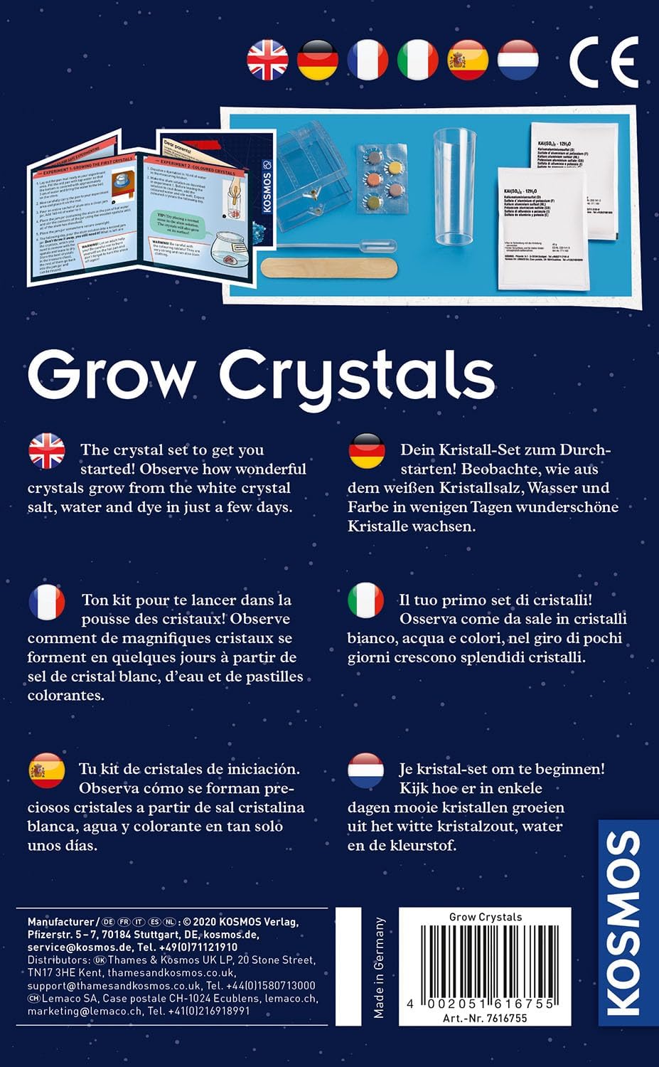 KOSMOS Grow Crystals 616755 - Set di esperimenti per bambini con istruzioni multilingue (DE, EN, FR, IT, ES, NL)