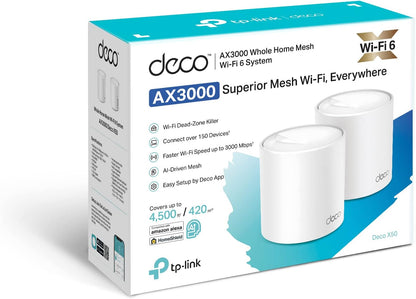 TP-Link Deco X50 AX3000 Whole Home AI-Driven Mesh Wi-Fi 6 System, Dual-Band with Gigabit Ports, Coverage up to 4,500 ft2, Connect up to 150 devices, 1 GHz Dual-Core CPU, HomeShield Security, Pack of 2