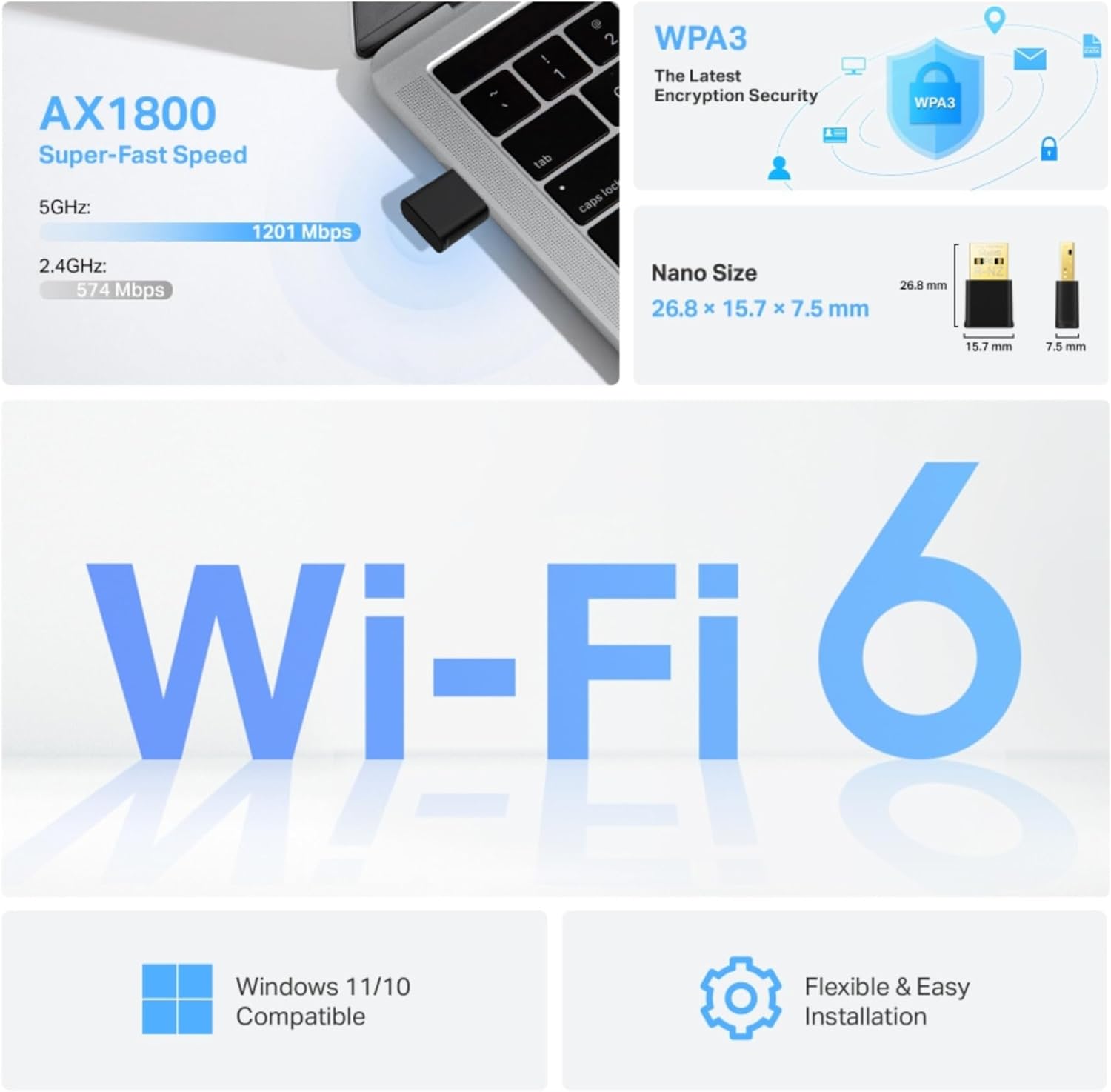AX1800 Nano Wi-Fi 6 Wireless MU-MIMO USB Adapter, Fast WiFi 6, Dual Band Wireless, Lower Latency Gameplay, Improved Security(Archer TX20U Nano