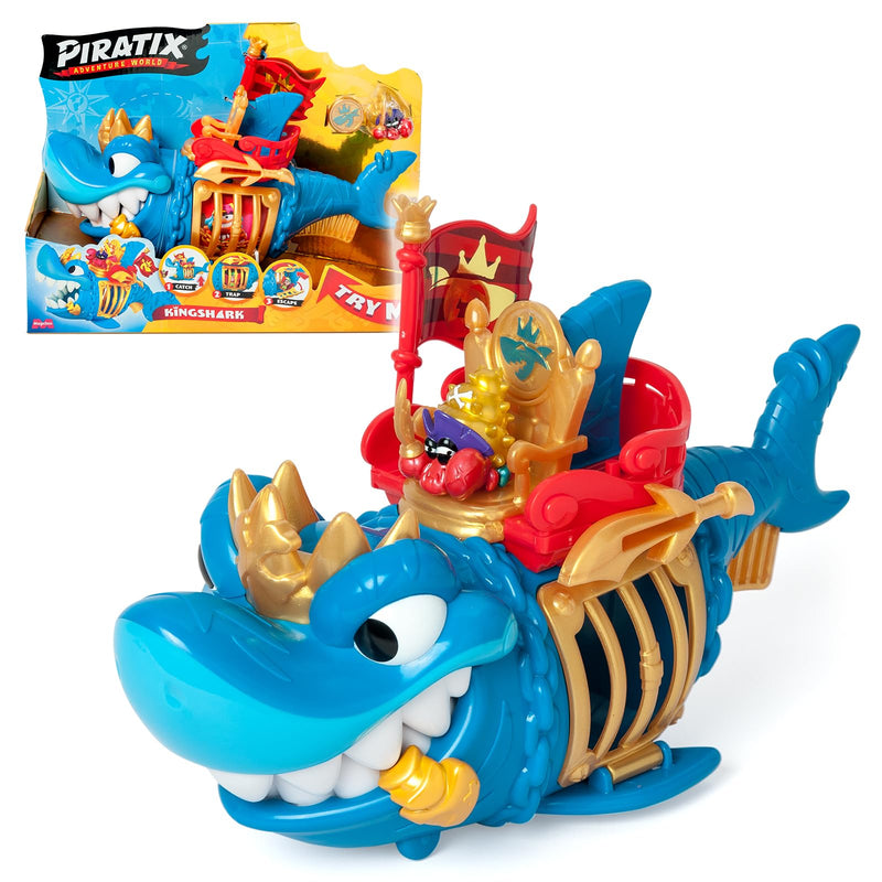 PIRATIX ADVENTURE WORLD King Shark – Gelenkhai mit Käfig, um die rivalisierenden Piratix zu fangen. Enthält 1 Hai, 1 exklusiver Schatz, 1 exklusiver Piratix und 1 Zubehör