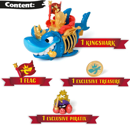 PIRATIX ADVENTURE WORLD King Shark – Gelenkhai mit Käfig, um die rivalisierenden Piratix zu fangen. Enthält 1 Hai, 1 exklusiver Schatz, 1 exklusiver Piratix und 1 Zubehör