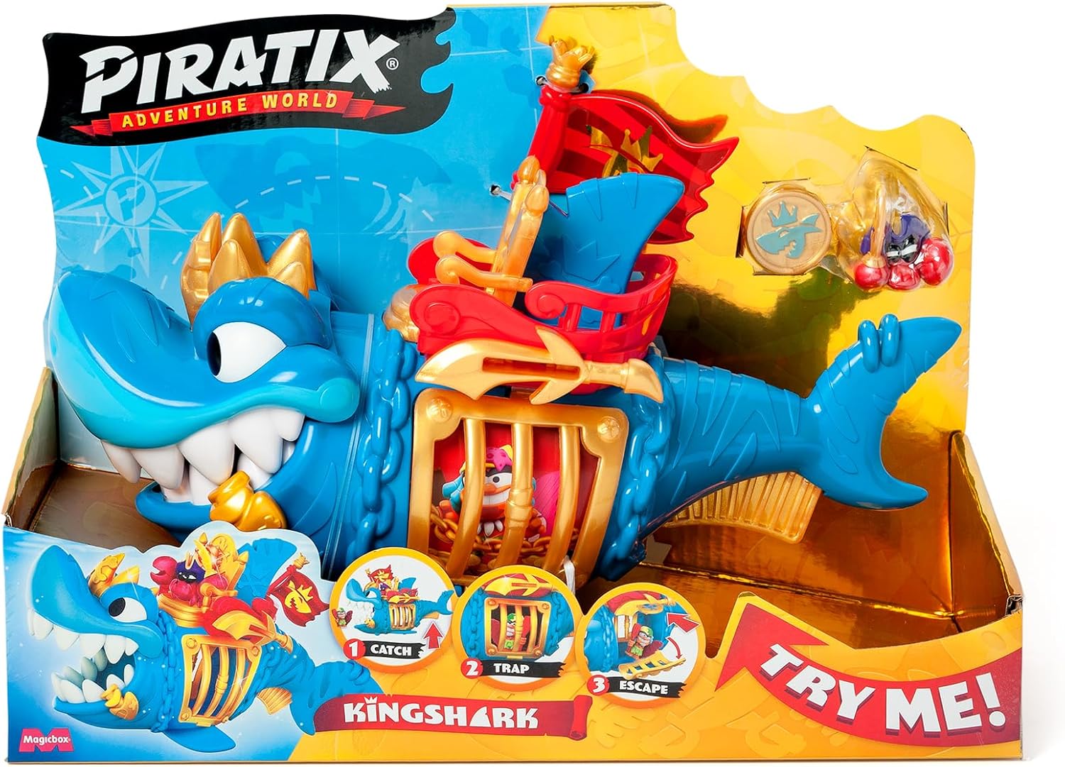 PIRATIX ADVENTURE WORLD King Shark – Gelenkhai mit Käfig, um die rivalisierenden Piratix zu fangen. Enthält 1 Hai, 1 exklusiver Schatz, 1 exklusiver Piratix und 1 Zubehör