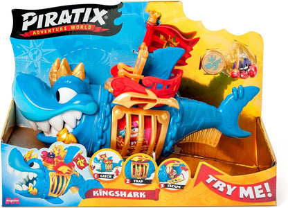 PIRATIX ADVENTURE WORLD King Shark – Gelenkhai mit Käfig, um die rivalisierenden Piratix zu fangen. Enthält 1 Hai, 1 exklusiver Schatz, 1 exklusiver Piratix und 1 Zubehör