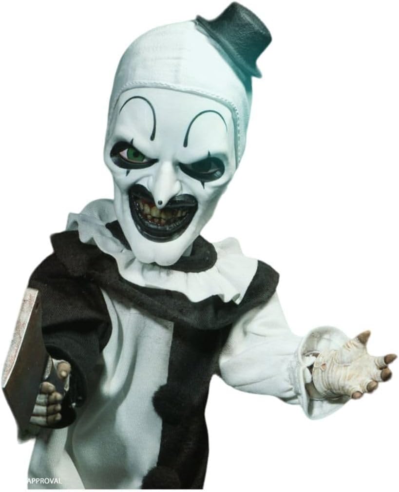 Mezco Terrifier - Living Dead Doll 10.5-Inch Art The Clown Doll with New Head Sculpt, Pom-Pom and Ruffle Detailing Black-and-White Costume, and 5-Point Articulation